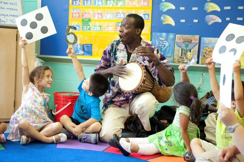 Photo of arts integration in the early childhood classroom. A man plays a drum while children hold up numeric signs.