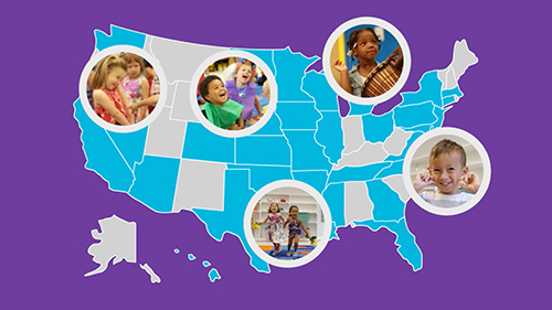 Map of the United States overlapped with images of young children experiencing arts in education.