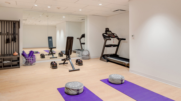 Fitness and wellness room with yoga mats, cushions, treadmill, weights, and mirrored walls.