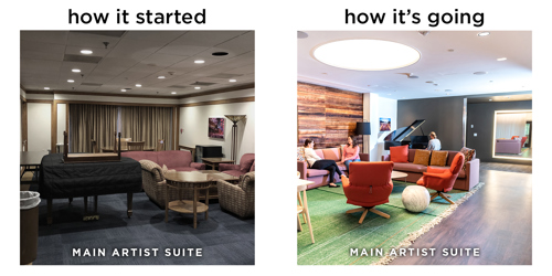 Main Artist Suite: Comparison of the artist suite before renovation with dated furniture versus a refreshed, stylish lounge with bright seating and wood accents.