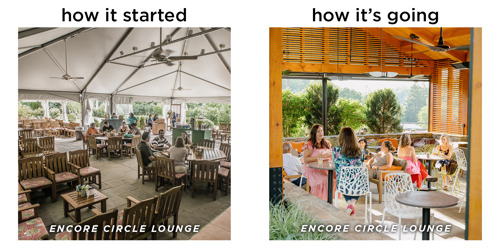 Encore Circle Lounge: Upgrade from a basic covered patio with wooden chairs to a contemporary lounge with decorative screens and modern seating.