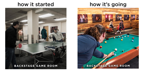 Backstage Game Room: Before-and-after images of a backstage game room, changing from a plain space with a ping pong table to a modern lounge with a pool table and wood-paneled walls.