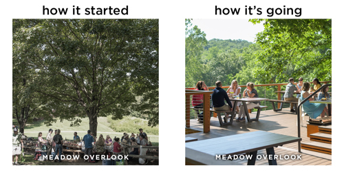 Meadow Overlook: Change from a picnic area under trees to a raised wooden deck with tables overlooking scenic greenery.