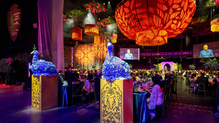 Two peacocks made of flowers adorn the Wolf Trap Ball.
