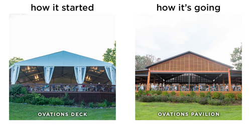 Ovations Pavilion: Transformation from a simple tented deck to a permanent pavilion structure with open-air wooden framing and dining tables.