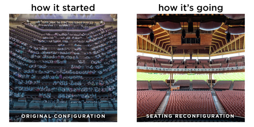 Seating Reconfiguration: Side-by-side comparison showing original theater seating layout on the left and a renovated, open seating configuration on the right.