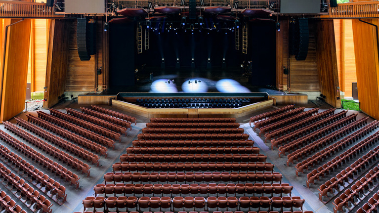 View of the Filene Center orchestra seats from the Balcony, showing reconfigured seating with additional rows.