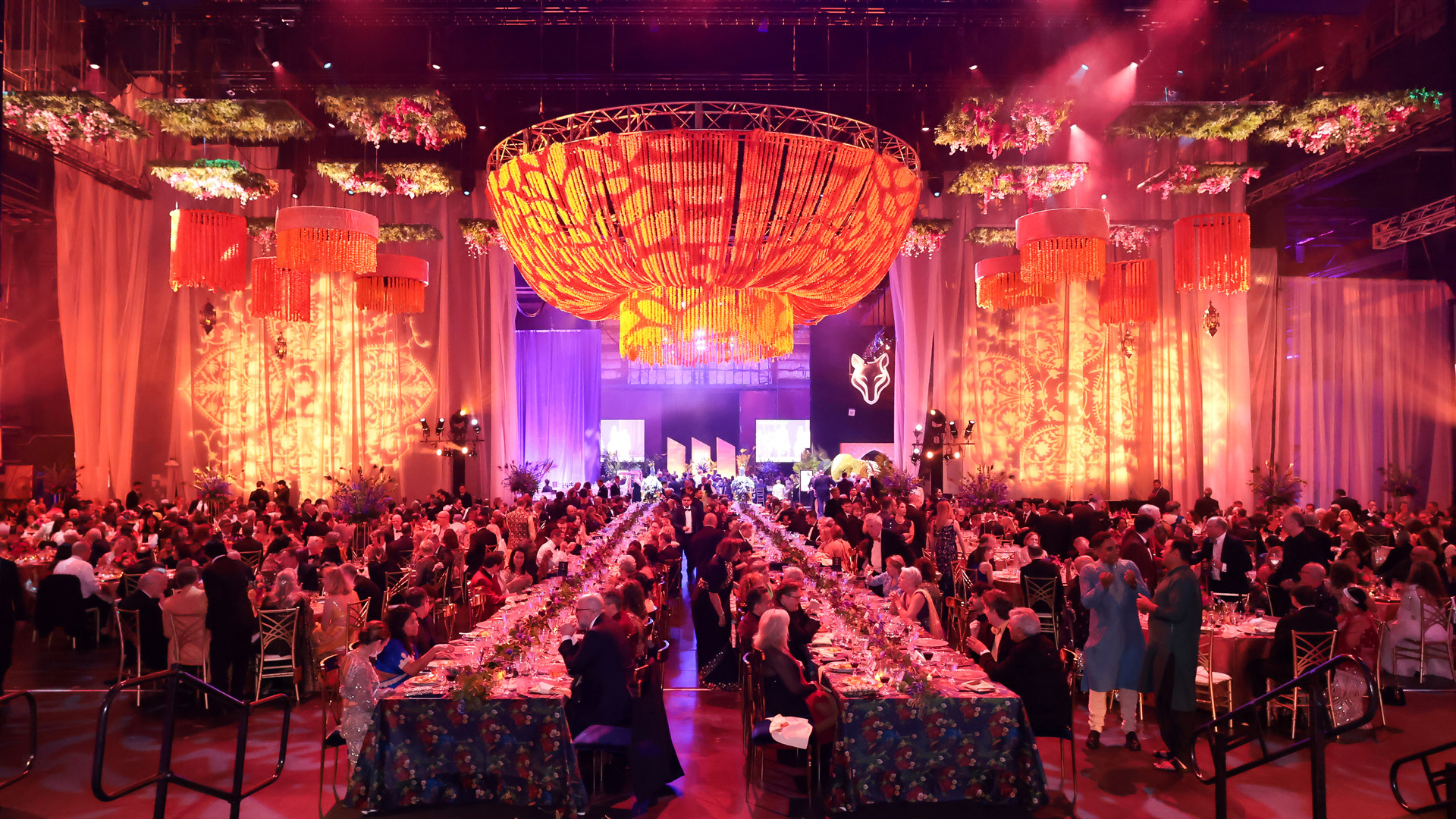 The Filene Center stage decorated in bright colors for the Wolf Trap Bollywood Ball.